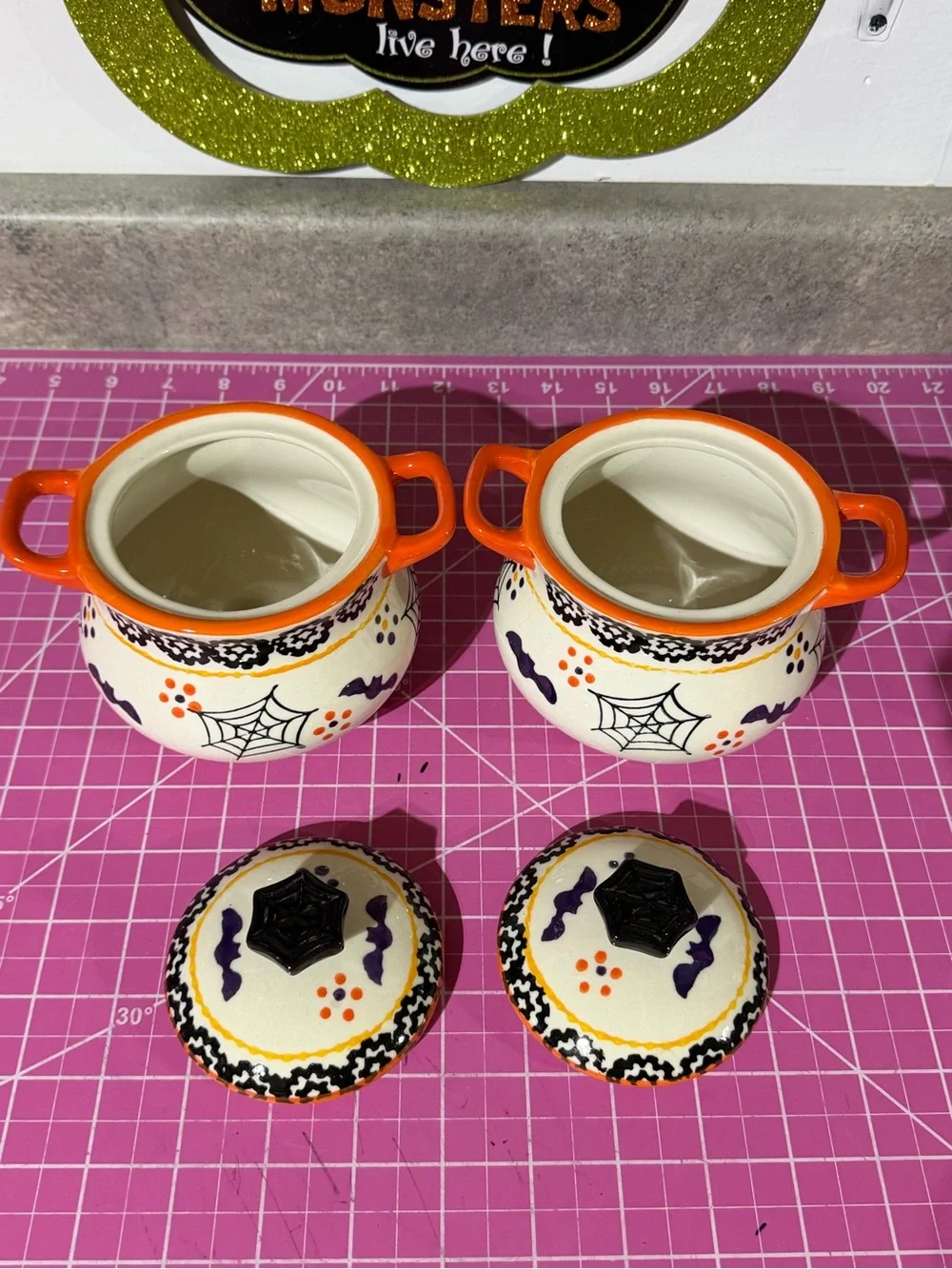 Temptations boofetti Halloween Ceramic crocks with figural lids - orange & black